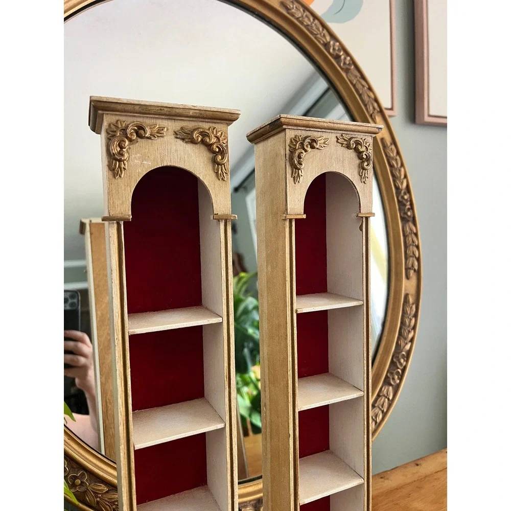 Vintage Style Red Velvet Trinket Curio Shelves Faux Drawer  Pair Gold Cream